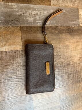 Michael Kors Dark Brown Leather Wristlet Wallet with Gold Hardware